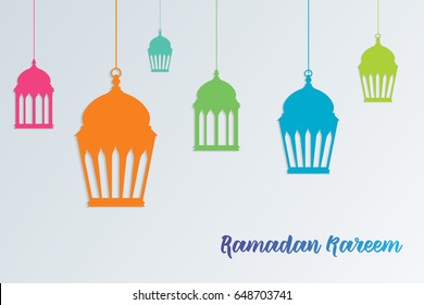 Ramadam kareem - islamic muslim holiday background or greeting card, with textured ornamental calligraphy, and eid holiday lanterns or lamps, abstract artistic vintage. Vector illustration eps 10.