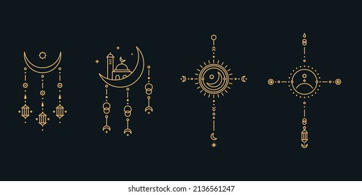 Ramadam kareem line art. Minimal boho linear symbols. Celestial mystic element. Vector line art illustration.