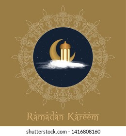 Ramadam Kareem poster with an arabic texture, a moon and a lantern - Vector