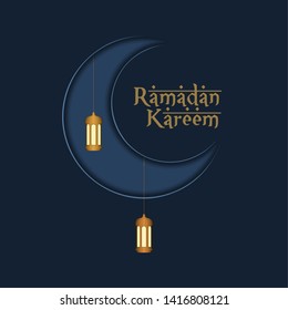 Ramadam Kareem poster with a moon and lanterns - Vector