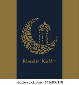 Ramadam Kareem poster with a textured moon and a building - Vector