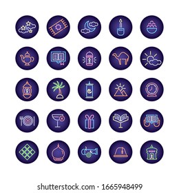 ramadam kareem set neon light style icons vector illustration design