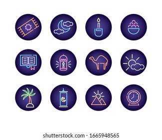 ramadam kareem set neon light style icons vector illustration design