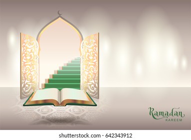 Ramadam kareem text greeting card. Open book of Koran and gateway to paradise. Vector illustration