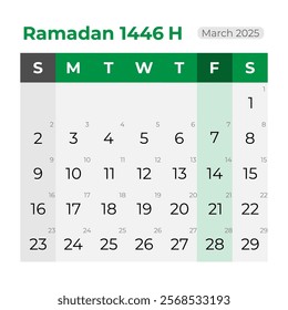 Ramadan 1446 or ramadan in 2025 calendar. Hijri islamic monthly calendar template design. Isolated vector for banner, poster, presentation, infographic,  web, apps, and other uses.