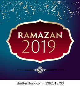 Ramadan 2019 (Turkish: Ramazan 2019) greeting card. Holy month of muslim community Ramazan background with hanging arabic shapes.