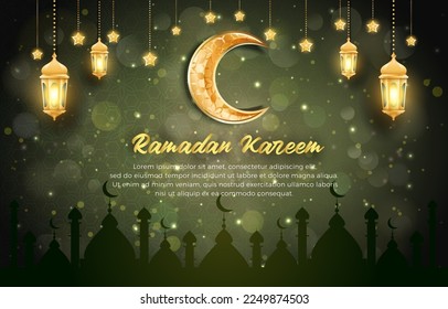 ramadan 2023 with beautiful ornament and abstract gradient dark green and luxury background design