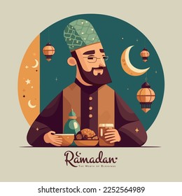 Ramadan 2023 greeting card cartoon style islamic arabic writing ramadhan illustration drawing clipart art stylish with a lantern, a crescent and a script with the word Ramadan message islamic month