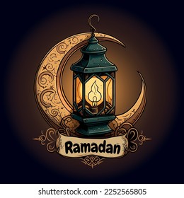 Ramadan 2023 greeting card cartoon style islamic arabic writing ramadhan illustration drawing clipart art stylish with a lantern, a crescent and a script with the word Ramadan message islamic month