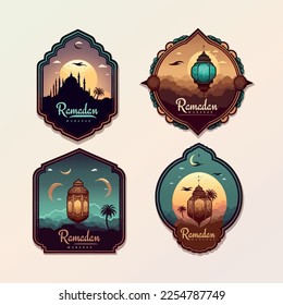 Ramadan 2023 greeting card cartoon style islamic arabic writing ramadhan illustration drawing clipart art stylish with a lantern, a crescent and a script with the word Ramadan message islamic month