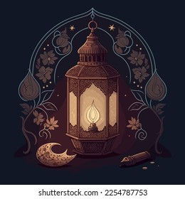 Ramadan 2023 tarjeta de saludo estilo caricatura árabe islámico escritura ilustración ramadhan dibujo arte clipart elegante con un farol, una media luna y un guión con la palabra Ramadán mensaje mes islámico