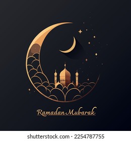 Ramadan 2023 greeting card cartoon style islamic arabic writing ramadhan illustration drawing clipart art stylish with a lantern, a crescent and a script with the word Ramadan message islamic month