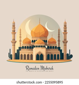 Ramadan 2023 greeting card cartoon style islamic arabic writing ramadhan illustration drawing clipart art stylish with a lantern, a crescent and a script with the word Ramadan message islamic month
