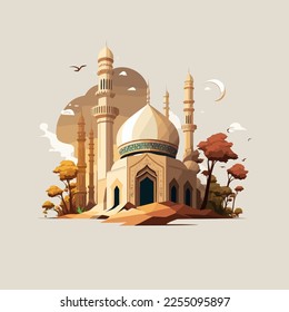 Ramadan 2023 greeting card cartoon style islamic arabic writing ramadhan illustration drawing clipart art stylish with a lantern, a crescent and a script with the word Ramadan message islamic month