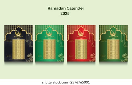 Ramadan 2025 - 1446 calendar for iftar and fasting time.Ramadan calender vector art in four colour background.