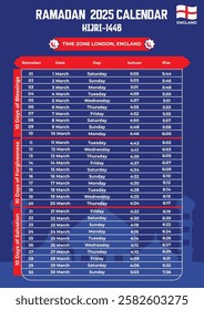 Ramadan 2025 Calendar – London, England Fasting Timetable