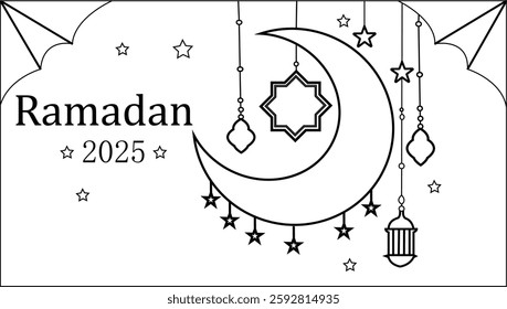 Ramadan 2025 Crescent Moon and Stars Vector Illustration – Islamic Festive Design with Hanging Lanterns and Ornaments on Transparent Background.