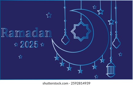 Ramadan 2025 Crescent Moon and Stars Vector Illustration – Islamic Festive Design with Hanging Lanterns and Ornaments on Transparent Background.