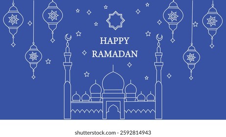 Ramadan 2025 Crescent Moon and Stars Vector Illustration – Islamic Festive Design with Hanging Lanterns and Ornaments on Transparent Background.