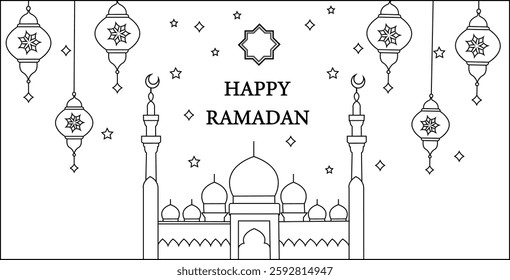 Ramadan 2025 Crescent Moon and Stars Vector Illustration – Islamic Festive Design with Hanging Lanterns and Ornaments on Transparent Background.