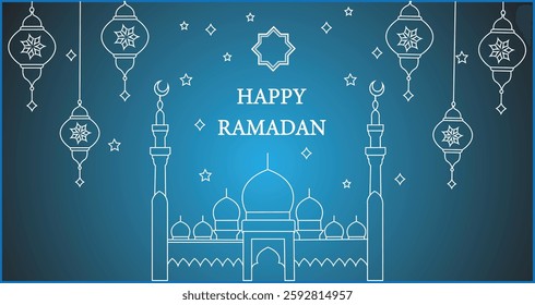 Ramadan 2025 Crescent Moon and Stars Vector Illustration – Islamic Festive Design with Hanging Lanterns and Ornaments on Transparent Background.