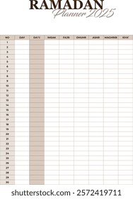 Ramadan 2025 Sehri and Iftar Timetable Calendar. Fasting and Prayer Schedule Template, Editable