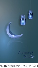 Ramadan 2025 vertical banner, 3D gold crescent moon and Arabic Hanging light Lamps, holiday greeting traditional islamic design. Blue light background with copy space for your text