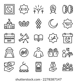 Ramadan (25) icons set in outline style. The collection includes web design, application design, UI design, during Ramadan, Eid, and others.