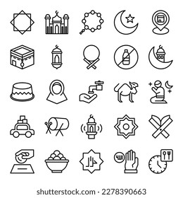 Ramadan (25) icons set in outline style. The collection includes web design, application design, UI design, during Ramadan, Eid, and others.