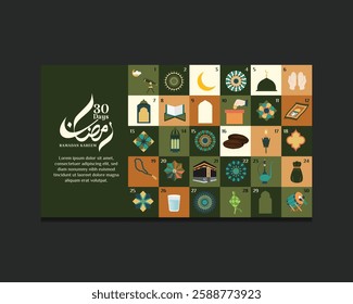 Ramadan 30-Day Banner Countdown Calendar. A Modern Geometric Islamic Design. Features the Arabic calligraphy and religious elements like Quran, prayer beads, mosque and Kaaba. 