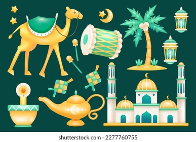 Ramadan 3d elements. Camels, drums, kettles, coconut trees, lanterns, mosques and ketupat