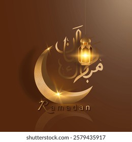 Ramadan 3D gold crescent moon and Arabic Hanging light Lamp, holiday greeting card traditional islamic. Text translation in Arabic lettering, Ramadan