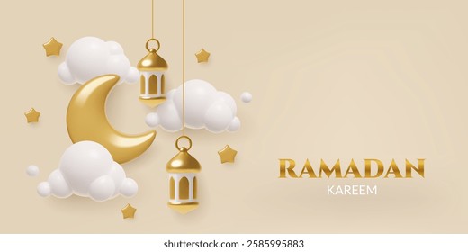 Ramadan 3d realistic banner design with golden crescent, hanging lanterns, stars and clouds. Vector illustration.