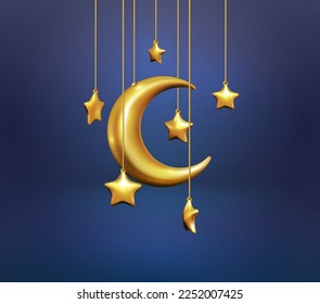 Ramadan, 3d star and moon, render glossy crescent. Gold Islam eid Mubarak symbol, golden Kareem ornament, Muslim sign. Fantasy moonlight. Isolated decor elements. Vector isolated exact shapes