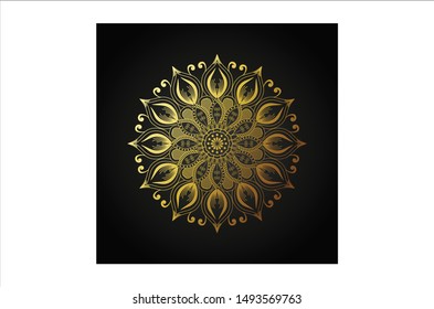 Ramadan abstract mandala with gold color. and black background, circle golden mandala premium vector