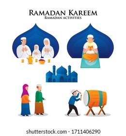 Ramadan Activities, Iftar With Family, Eating Together With Family, Reading Quran, Go To The Mosque For Pray Taraweeh , Hit The Drum, Flat Illustration