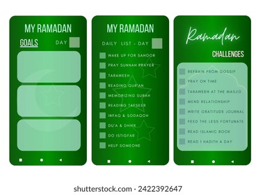 Ramadan activities kit, Ramadan challenges, to do list and goals for mobile application template, with green color and white background color.