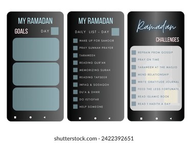 Ramadan activities kit, Ramadan challenges, to do list and goals for application template, with black-gray color and white background color.