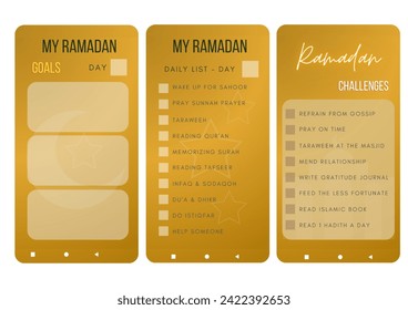 Ramadan activities kit, Ramadan challenges, to do list and goals for mobile application template, with golden color and white background color.