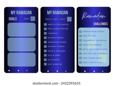 Ramadan activities kit, Ramadan challenges, to do list and goals for mobile application template, with navy blue color and white background color.