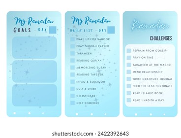 Ramadan activities kit for woman, Ramadan challenges, to do list and goals for mobile application template, with blue color and white background color.