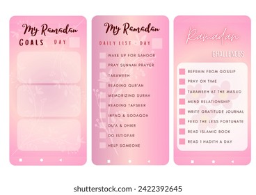 Ramadan activities kit for woman, Ramadan challenges, to do list and goals for mobile application template, with pink color and white background color.