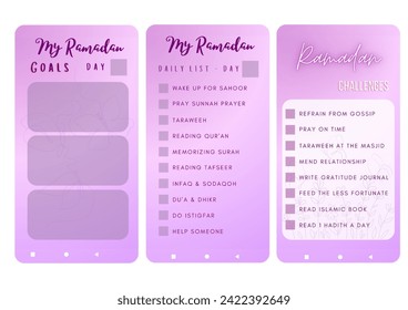 Ramadan activities kit for woman, Ramadan challenges, to do list and goals for mobile application template, with lavender color and white background color.