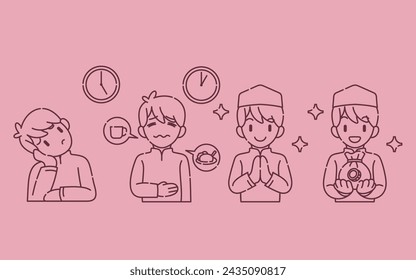 Actividad de Ramadán, arte vectorial. Actividades islámicas en el día a día. Caricatura para niños