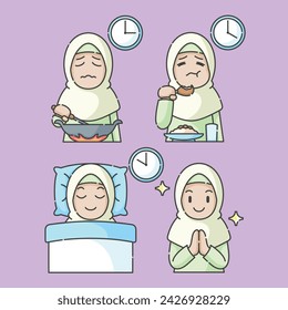Ramadan activity girl vector arts. Islamic activities in daily. Cartoon character for kids