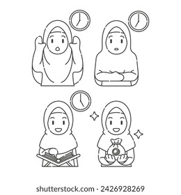 Ramadan activity girl vector arts. Islamic activities in daily. Cartoon character for kids