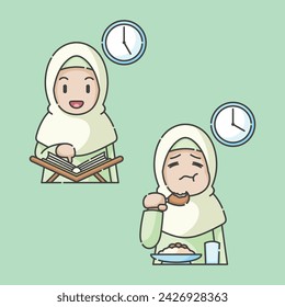 Ramadan activity girl vector arts. Islamic activities in daily. Cartoon character for kids