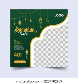 Ramadan Ads Square Offer Sale Banner. Ramadan Theme Greetings with Lantern, Half Moon, and Islamic Windows.