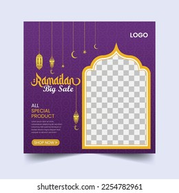 Ramadan Ads Square Offer Sale Banner. Ramadan Theme Greetings with Lantern, Half Moon, and Islamic Windows.