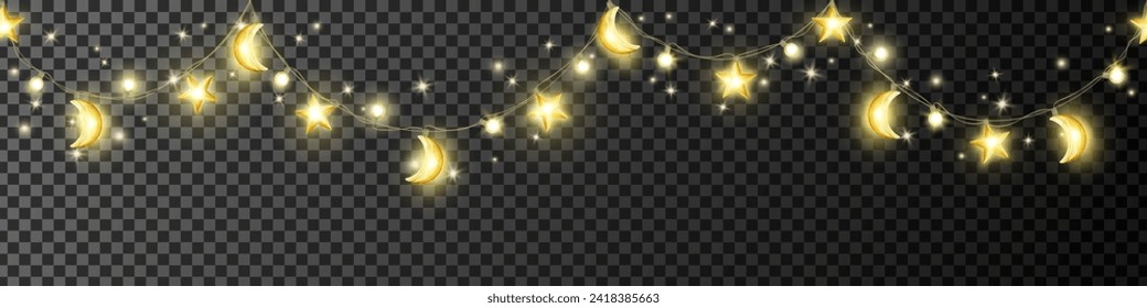 Ramadan and Al Adha islamic decoration on transparent background. Hanging stars and crescents lights string. Muslim holidays garland. Arabiс festive frame. Night sky shiny moon border. Vector.